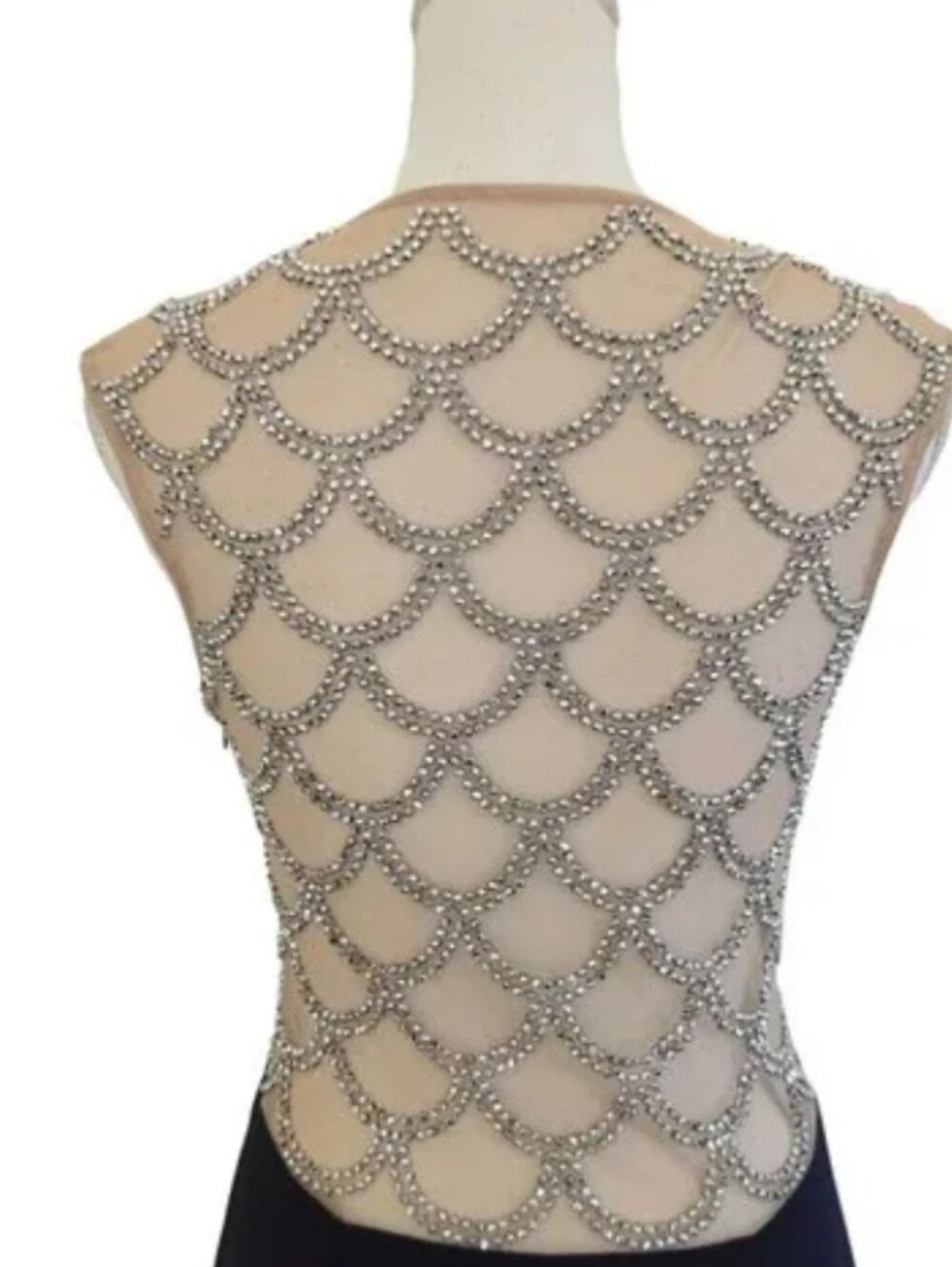 Xscape Elegant Navy Evening Gown with Beaded Illusion Back Size 8 A82 - Picture 4 of 5